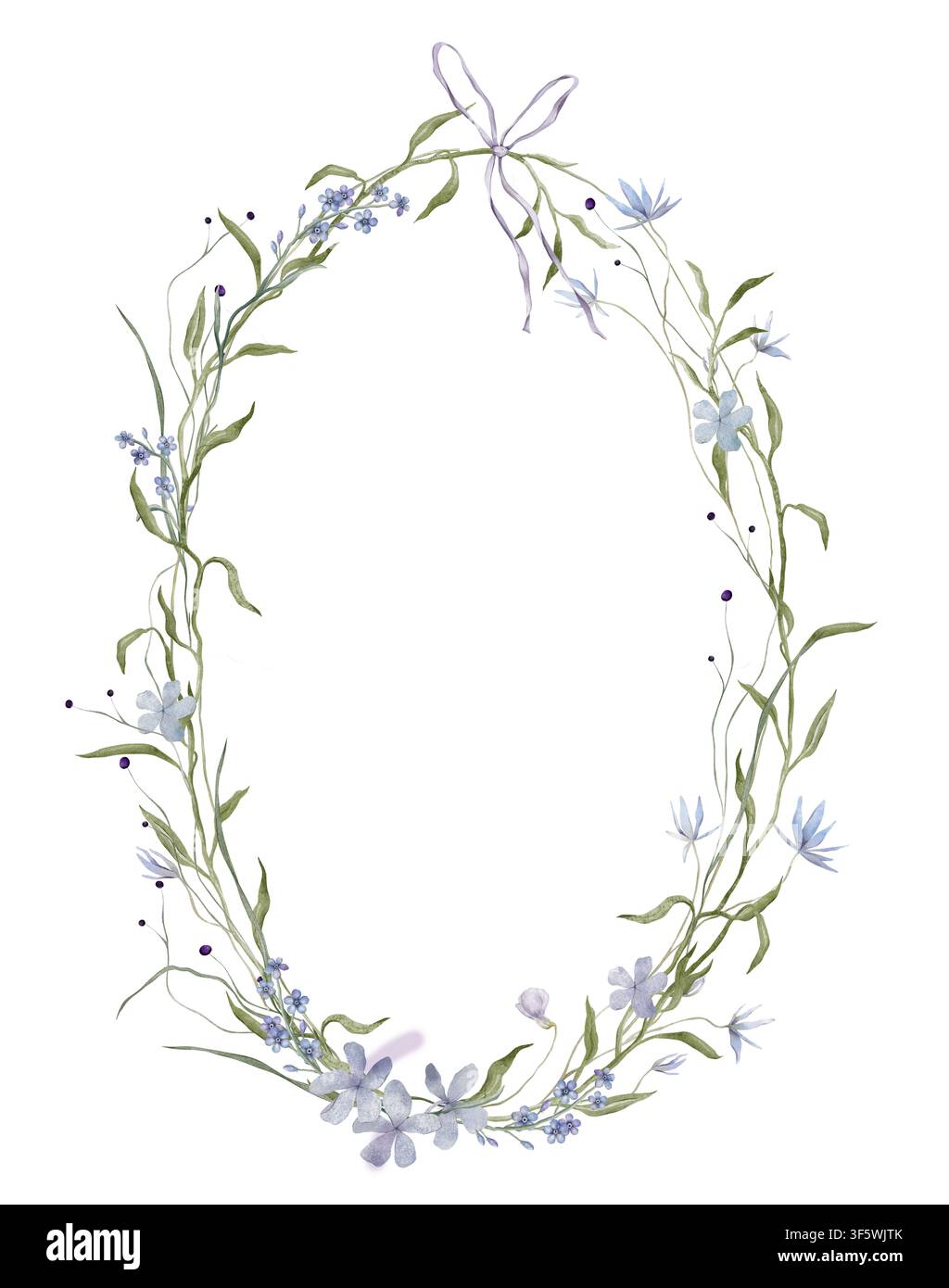 Couronne florale avec des fleurs de jacinthe et des plantes sauvages. Cadre d'illustration aquarellée dessinée à la main avec des fleurs bleu clair et du feuillage vert. Botanique Banque D'Images