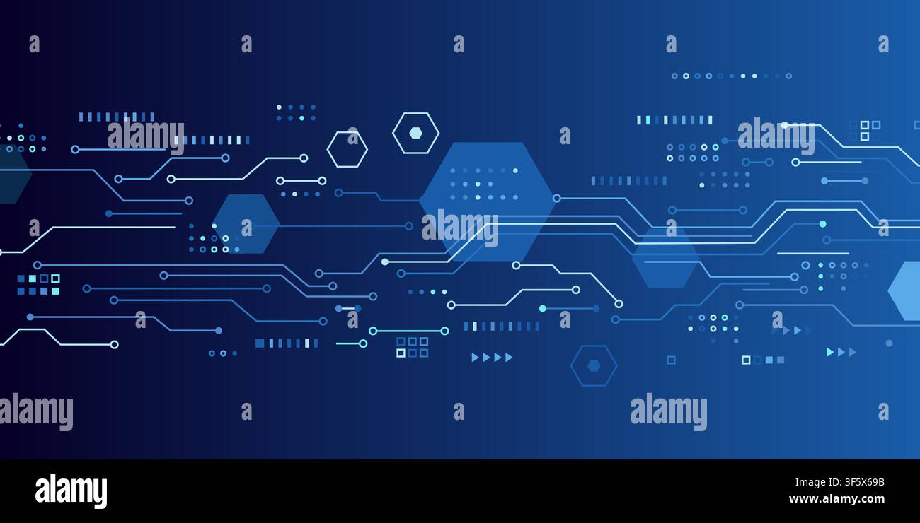 Arrière-plan technologique abstrait avec des lignes de circuit imprimé lumineuses, des formes hexagonales et une interface numérique. Bannière vectorielle bleue futuriste pour l'intelligence artificielle Illustration de Vecteur