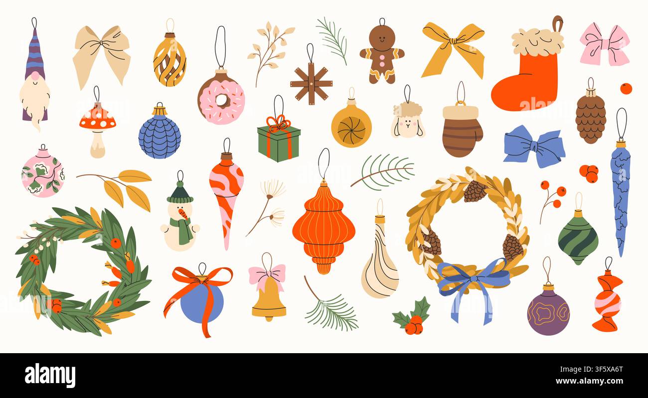 Ornements de sapin de Noël. Boules, couronnes, nœuds. Illustration de Vecteur