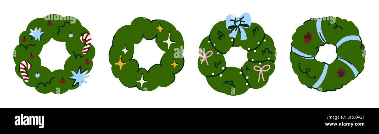 Collection de couronnes de Noël avec décorations festives, cadres de feuillage hivernal dessinés à la main pour les fêtes avec nœuds, sucres d'orge, cloches et ornements hivernaux pour Illustration de Vecteur
