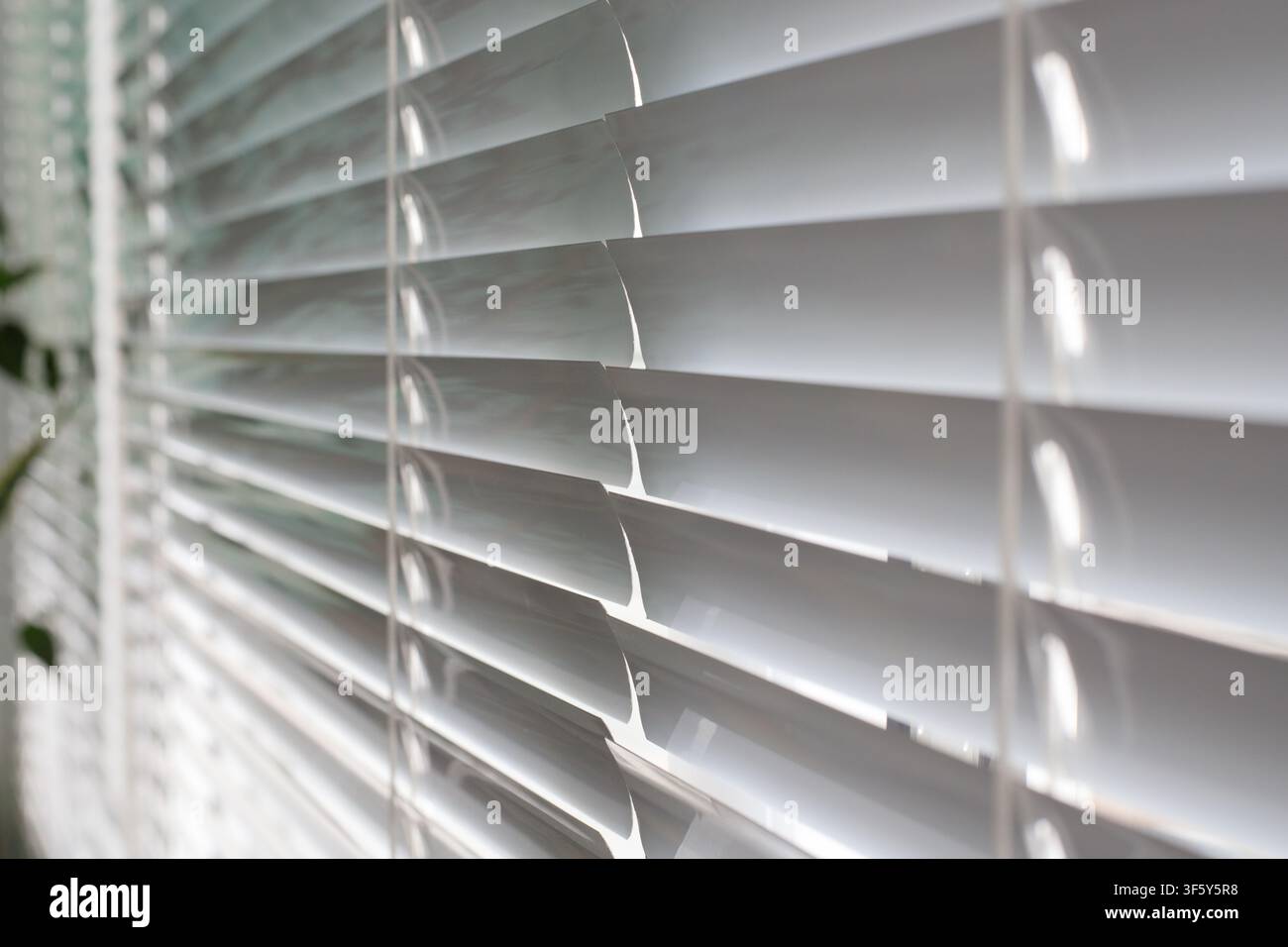 Lames de store en plastique blanc horizontal légèrement ouvertes en vue perspective. Concept de filtrage de la lumière intérieure, décoration de bureau à domicile et intimité. Banque D'Images
