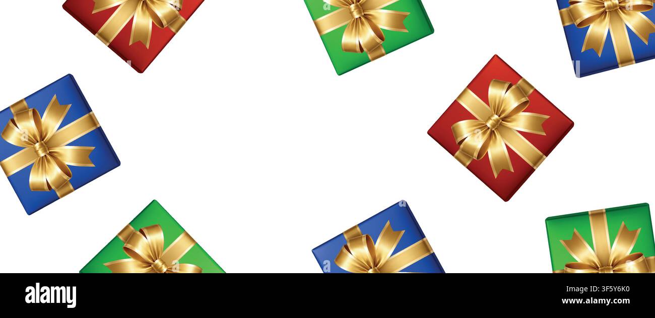 Motif de boîte cadeau avec des cadeaux colorés et des rubans dorés sur fond blanc, design décoratif pour célébration festive Illustration de Vecteur