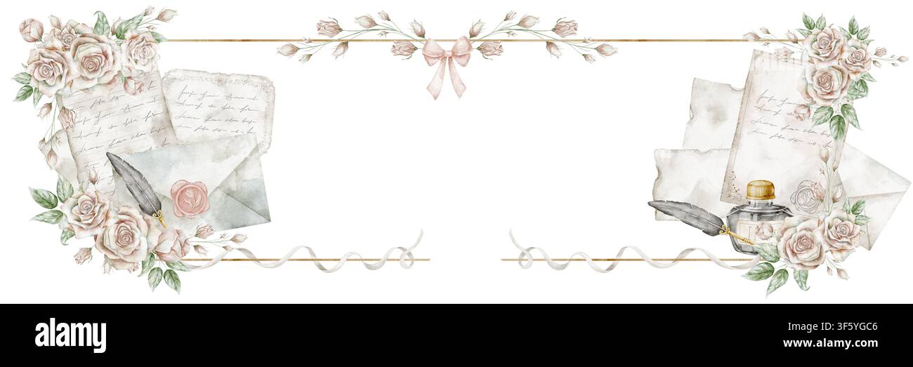 Illustration aquarellée de bannière vintage avec papier à lettres rétro et fleurs de rose. Feuilles de papier bannière florale, plume d'oie, encres et éléments botaniques Banque D'Images