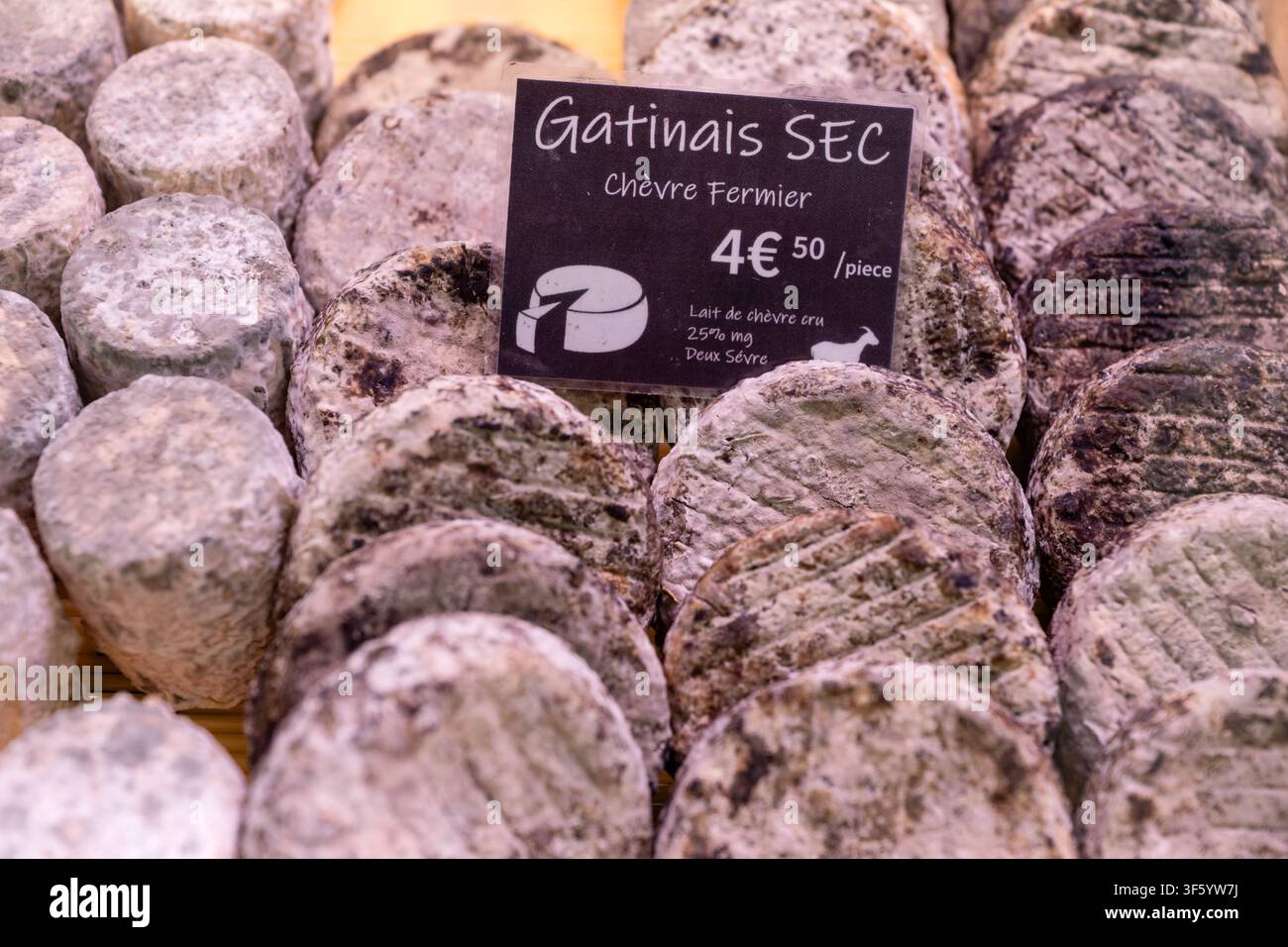 Close-up d'un fromage de chèvre fermier Gâtinais sec exposé à la vente sur un étal de marché, avec une pancarte descriptive bien visible, au marché hebdomadaire à Banque D'Images