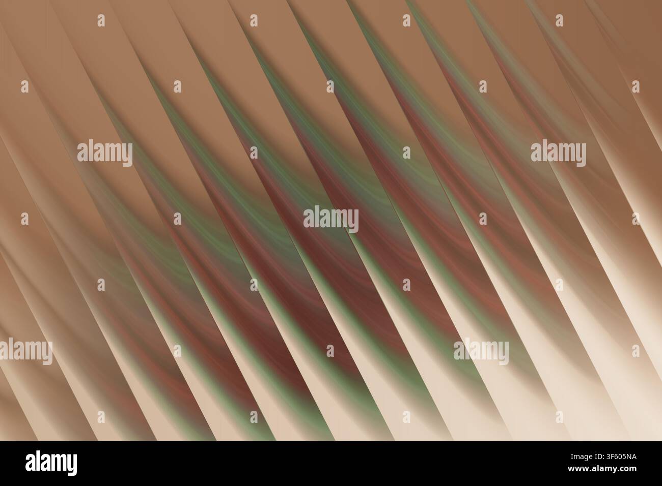Un design abstrait sophistiqué présentant des structures diagonales en forme de vagues répétées dans des tons bruns chauds, terre cuite et des nuances vertes subtiles, créant de la profondeur. Banque D'Images