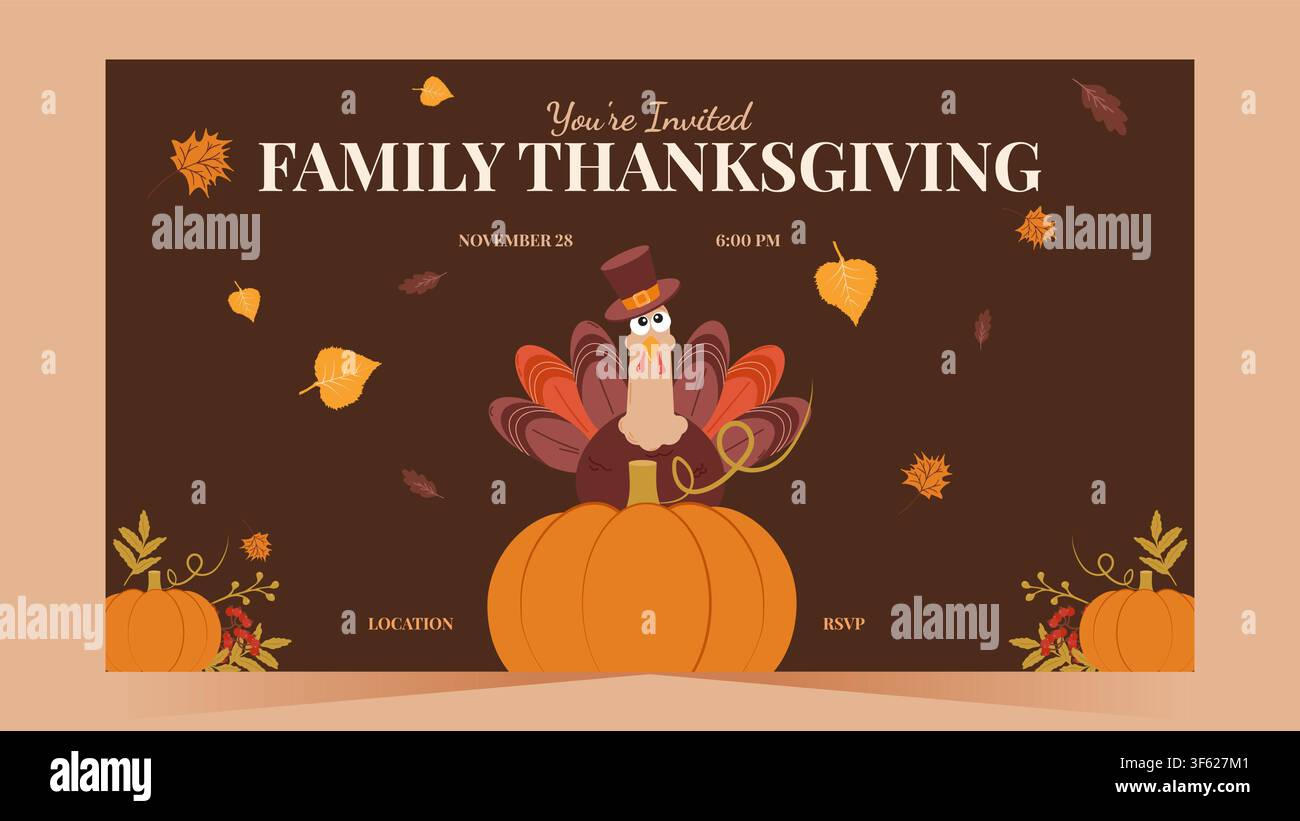 Dinde mignonne avec des citrouilles et une couronne d'automne pour une invitation à un dîner de Thanksgiving. Idéale pour les cartes de vœux, les événements de fête et la conception d'impression, illustration vectorielle. Illustration de Vecteur