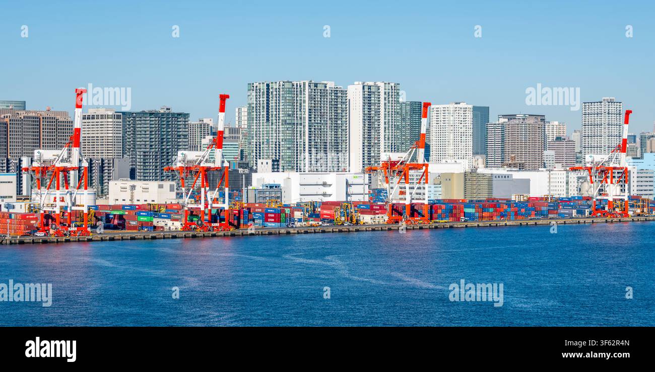 Tokyo Japon, 24 janvier 2026 : Vue panoramique du port de Tokyo avec des grues à conteneurs et des conteneurs sur les quais, les bâtiments de la ville en arrière-plan à Tokyo Japon Banque D'Images