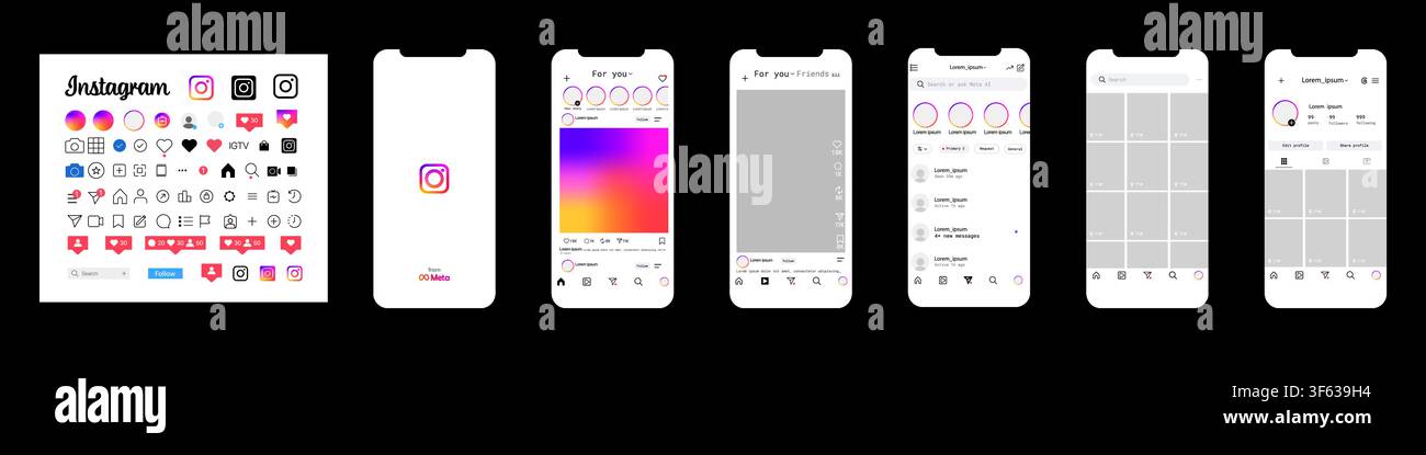 Interface de l'application mobile Instagram 2026. Écrans UI complets incluant la page de démarrage, le flux principal, les Reels, les messages directs, le profil et la recherche. Editori Illustration de Vecteur