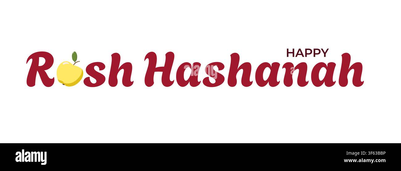 Texte festif Happy Rosh Hashanah en police rouge décorative avec une pomme jaune remplaçant le o dans Rosh Illustration de Vecteur