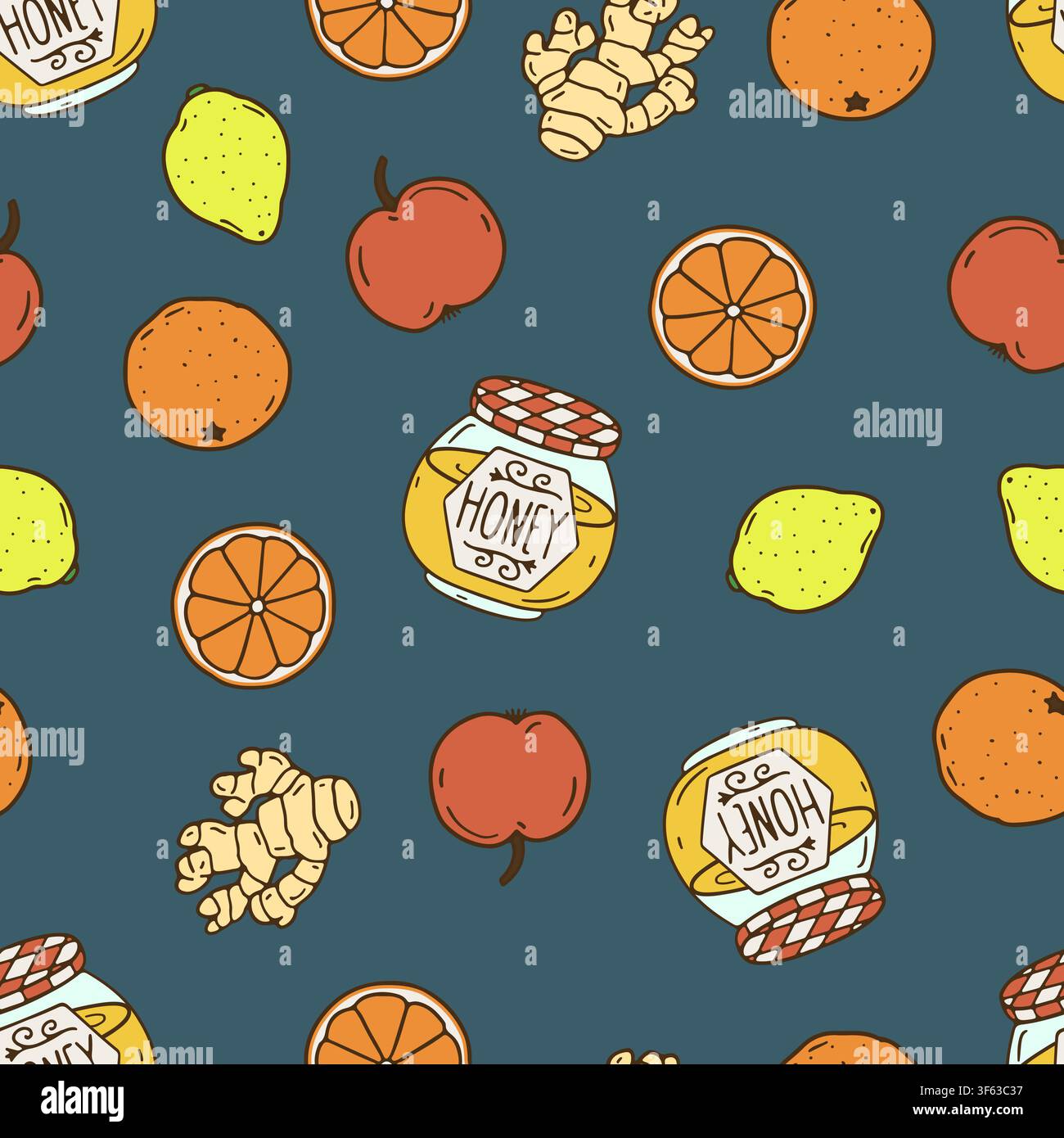 Pot de miel et fruits modèle sans couture. Les oranges et les citrons bordent le papier peint d'art. Fond dessiné à la main de gingembre et de pomme Illustration de Vecteur