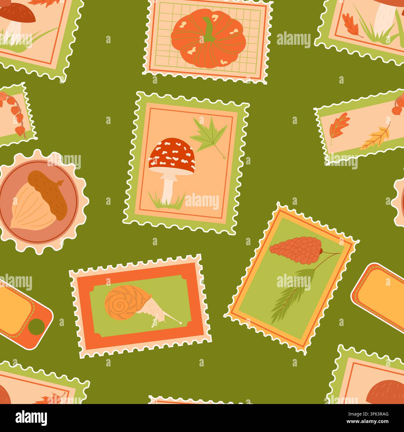 Motif sans couture de timbres automnaux représentant des champignons, des citrouilles, des pommes de pin, des feuilles. Illustration de Vecteur