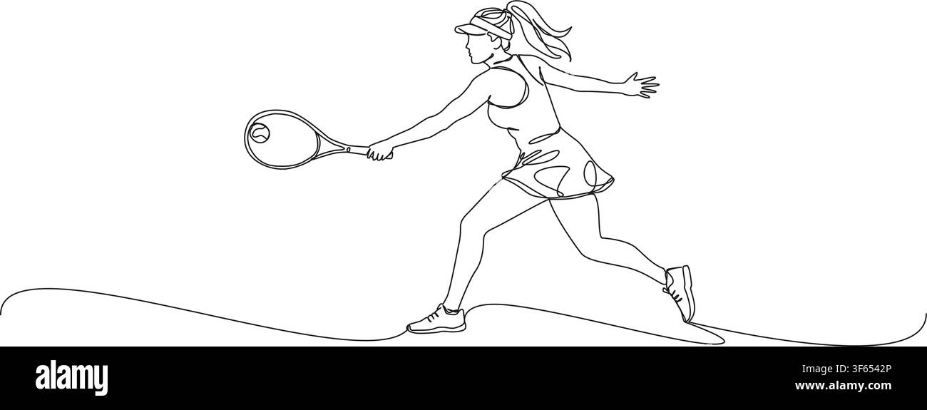 dessin en ligne continu d'une joueuse de tennis frappant la balle avec une raquette, concept de sport et de mode de vie active, illustration vectorielle en art linéaire Illustration de Vecteur