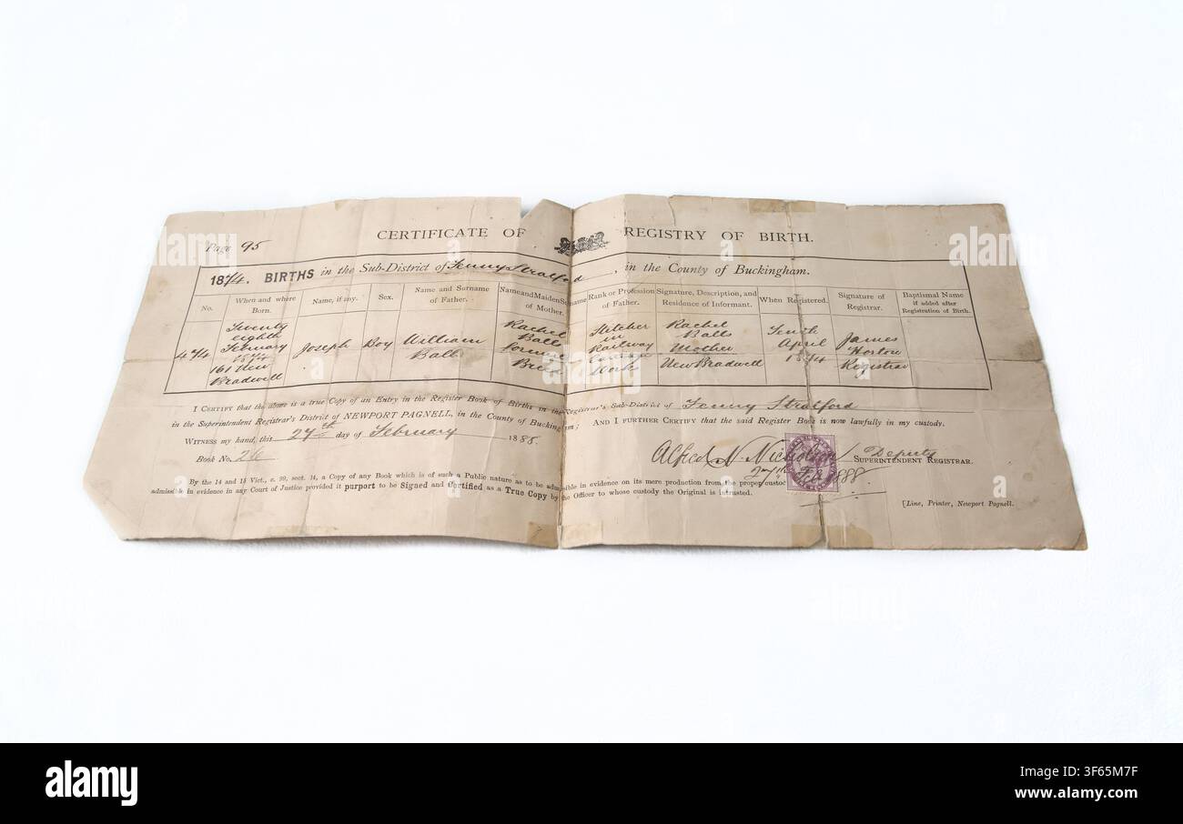 Un enregistrement différé d’un acte de naissance pour une naissance en 1874 signée en 1888 Banque D'Images