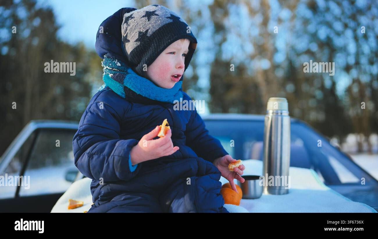 Todo en train de grignoter joyeusement sur le capot d'une voiture, bien emmitouflé parmi les arbres enneigés lors d'une sortie hivernale en famille Banque D'Images