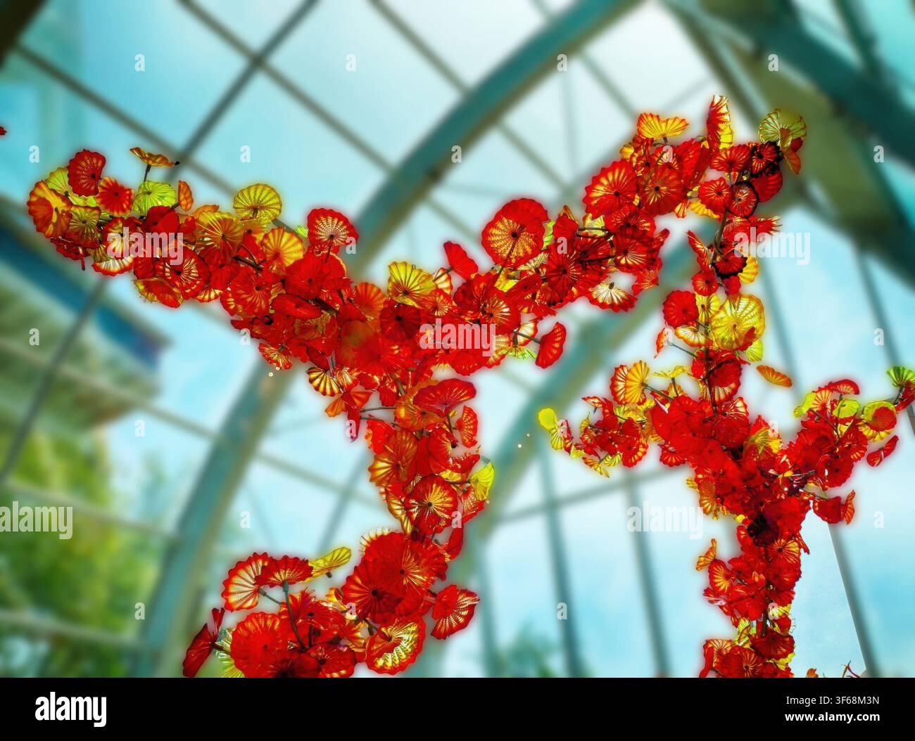 SEATTLE - 25 AVR 2025 - Sculpture en verre de Chihuly présentant des fleurs orange-jaune vibrantes, des feuilles tombant du plafond de la serre, Space Needle Banque D'Images
