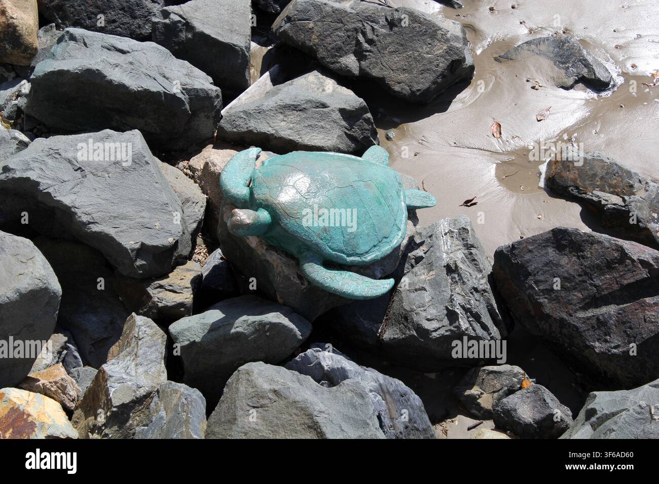Une sculpture de tortue de mer en bronze patiné vert nichée sur un mur rocheux côtier à Yeppoon Main Beach, Queensland, Australie Banque D'Images