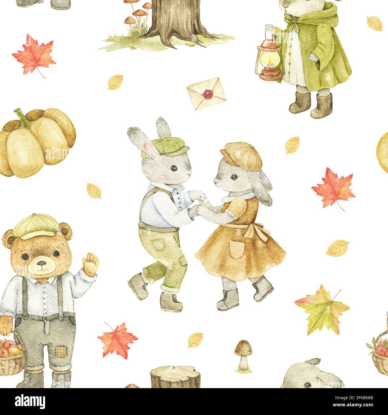 Motif sans couture aquarellé d'animaux de la forêt, de citrouilles de récolte, de feuilles d'automne et de détails forestiers. Design de chambre d'enfant répétitif pour tissu, papier peint, stat Banque D'Images