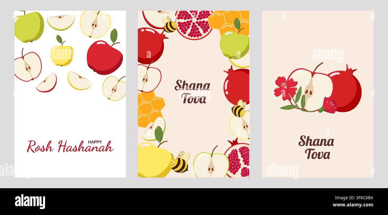 Trois cartes de vœux Rosh Hashanah avec des pommes, des grenades, des rayons de miel et des abeilles, représentant Happy Rosh Hashanah Illustration de Vecteur