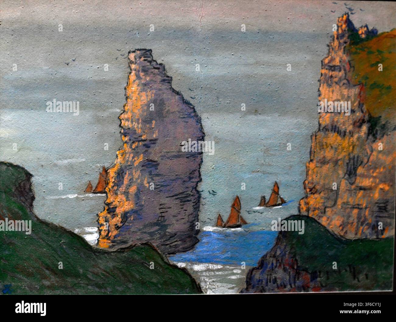Étretat, La Manneporte, créé en 1898 par le peintre français Jean Francis Auburtin (1866–1930). Crayon graphite, encre et gouache sur papier représentant la m Banque D'Images