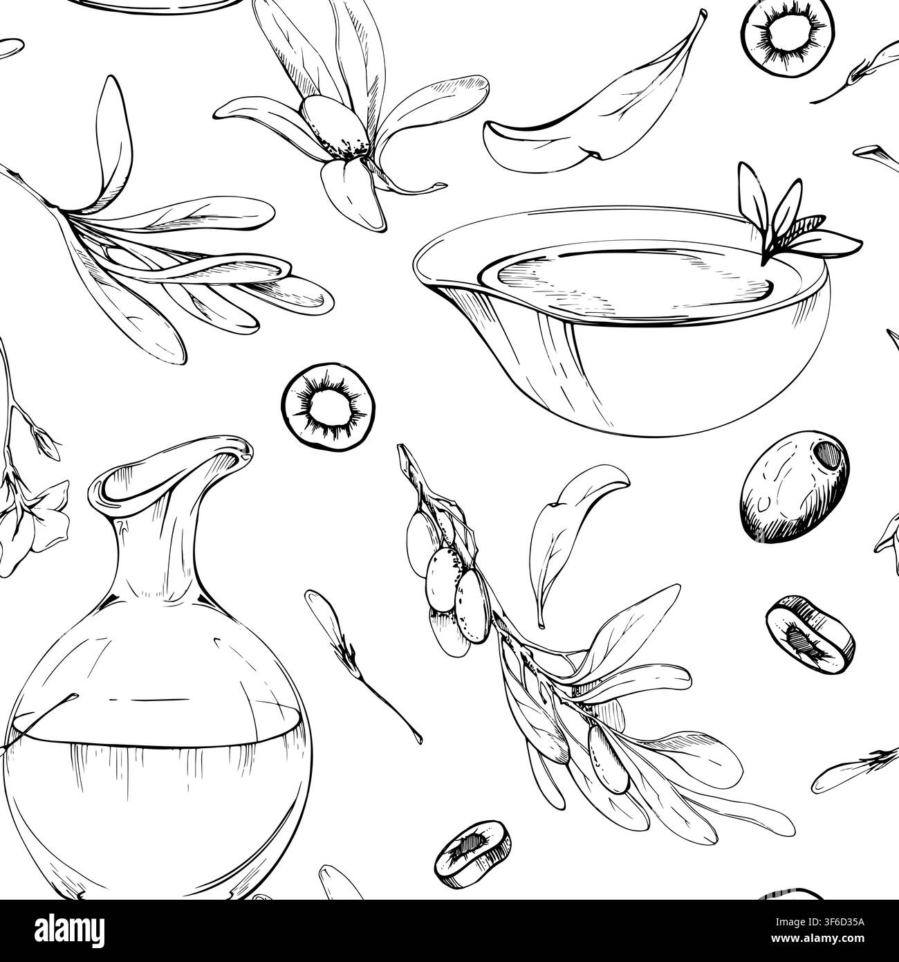 Modèle sans couture d'huile liquide, récipients de boisson, bol en céramique de trempage, éléments d'olive botanique. Dessin au crayon dessiné à la main. Marque gourmande, cuisine Illustration de Vecteur
