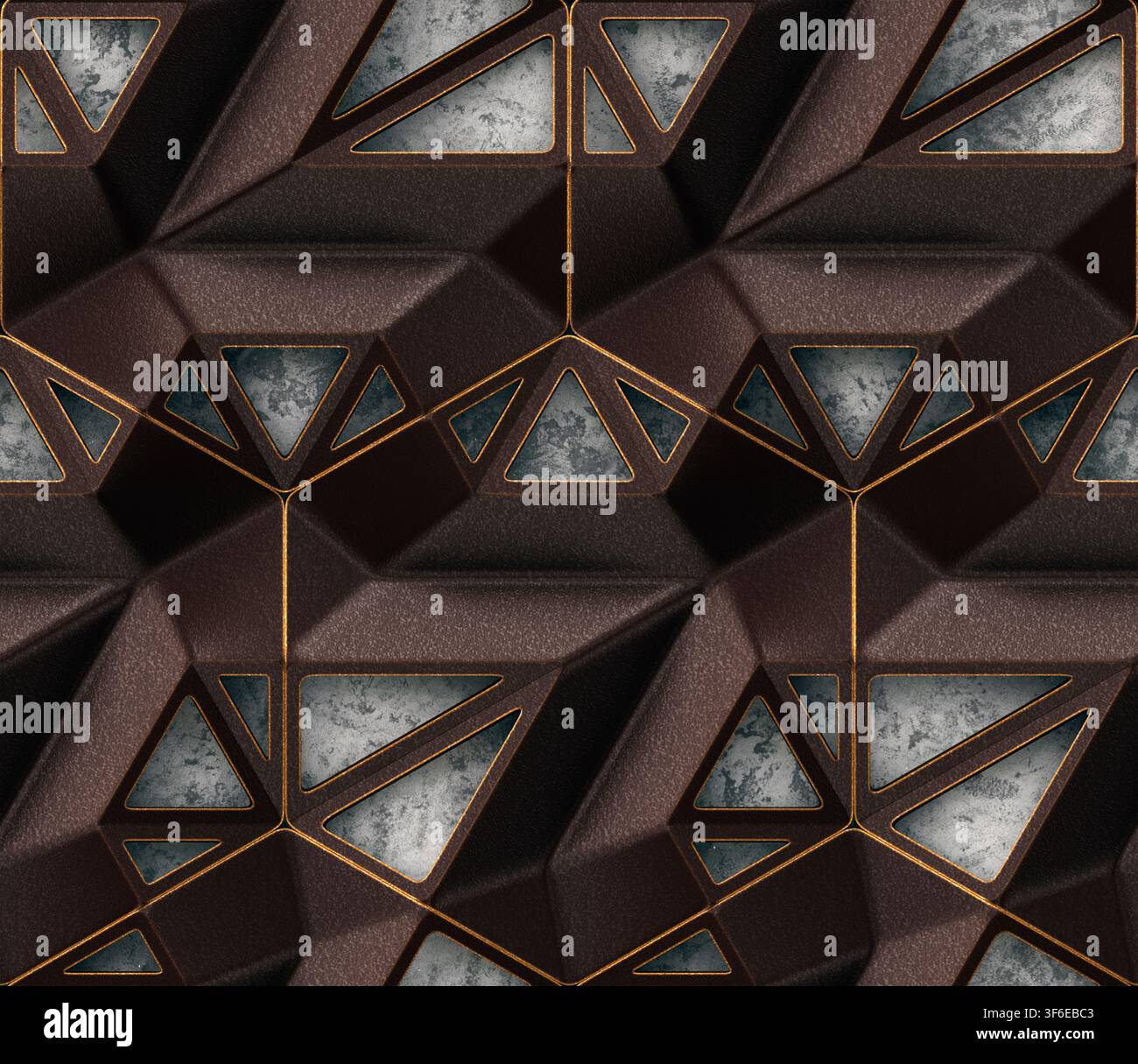Texture 3D sans couture de haute qualité présentant des panneaux de treillis en cuir noir, des ouvertures triangulaires géométriques, des contours dorés et des accents de stuc gris pour le luxe Banque D'Images