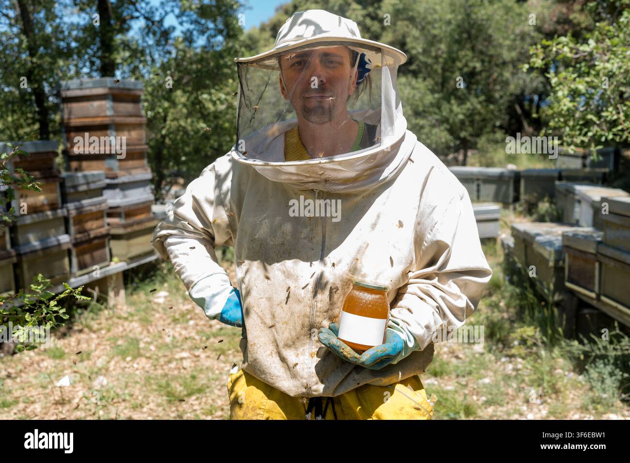 Apiculteur en combinaison de protection et voile tenant un pot de miel frais tout en se tenant parmi des ruches en bois dans un cadre rural ensoleillé entouré d'arbres Banque D'Images