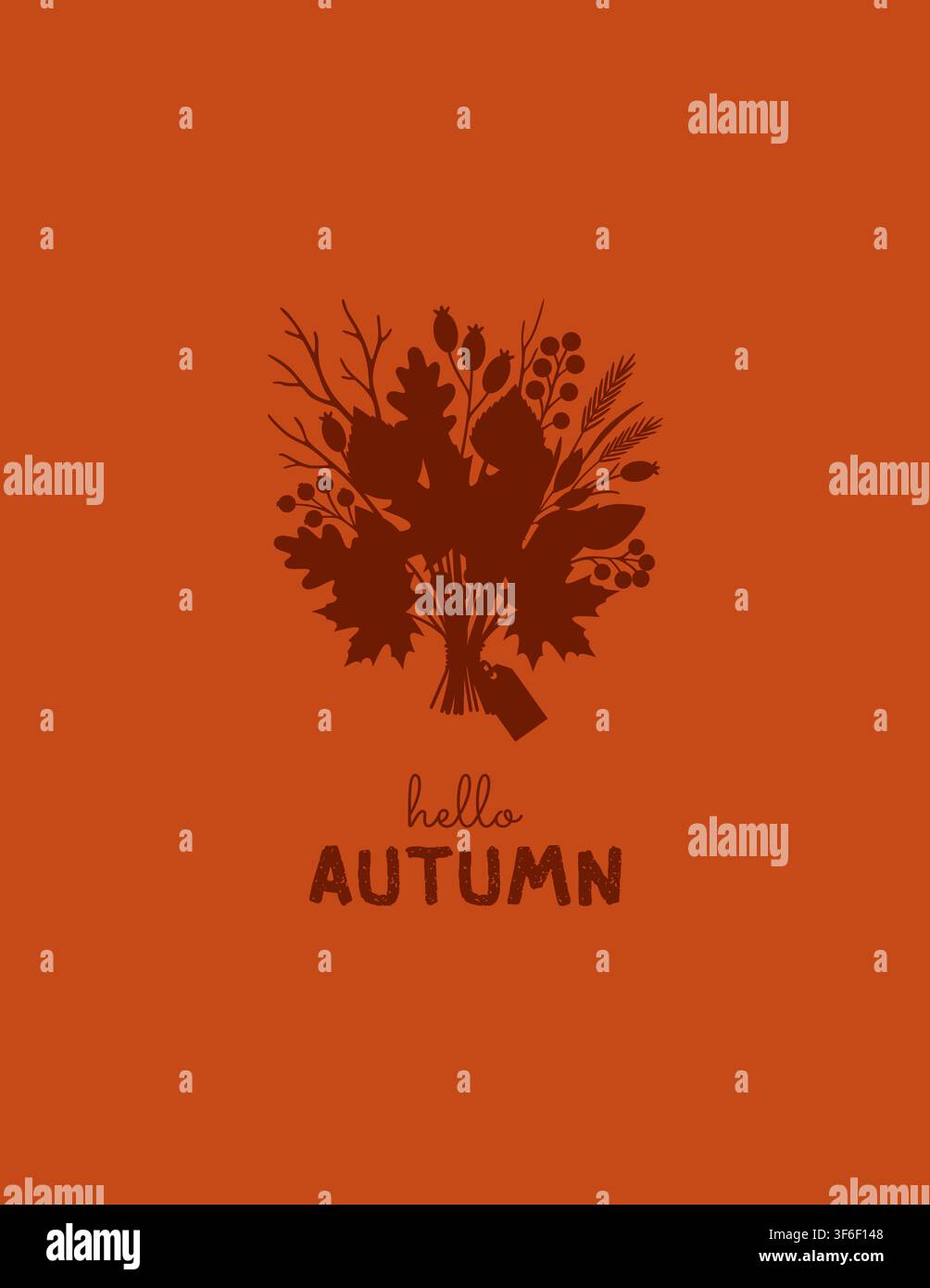 Carte de vœux Bonjour l'automne avec un bouquet de feuillage d'automne. Illustration minimaliste orange mettant en vedette des feuilles de forêt et des baies. Élément de conception saisonnier Illustration de Vecteur