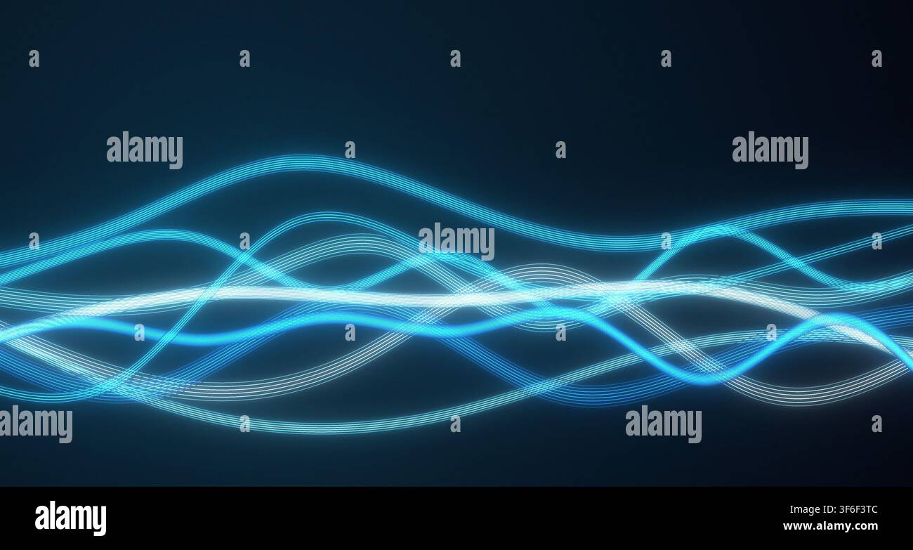 Des traînées de lumière néon bleu vif créent une sensation de mouvement et d'énergie sur une toile noire profonde. Banque D'Images