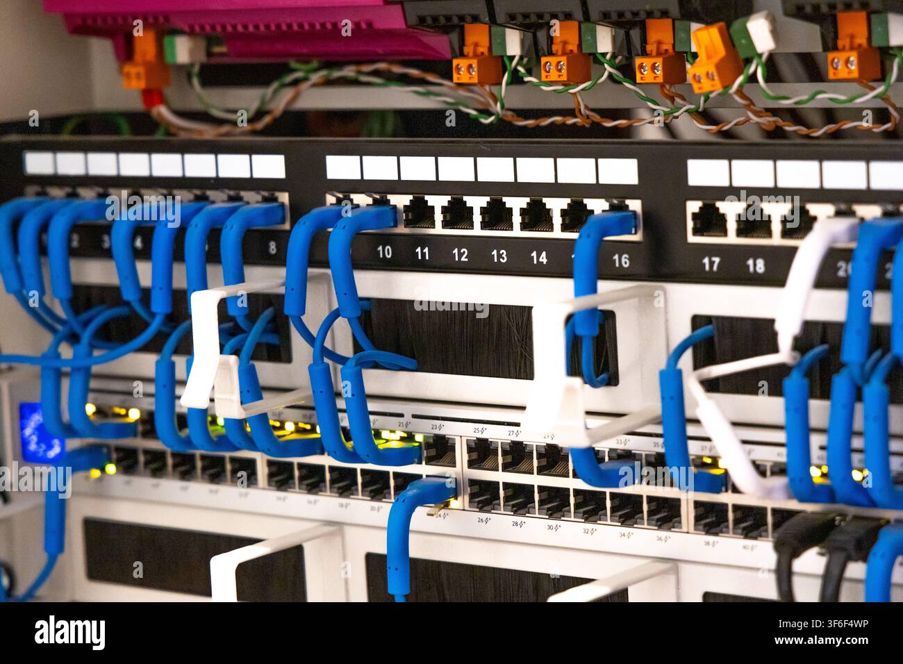 Une vue rapprochée d'un rack de serveurs montrant un panneau de brassage peuplé avec de nombreux câbles réseau bleus branchés dans des ports RJ45 Banque D'Images