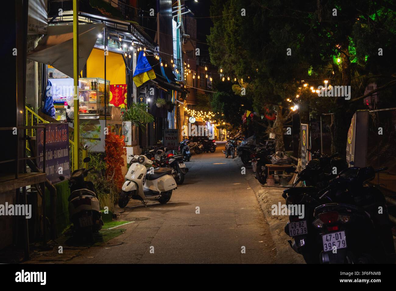 Da Lat, Vietnam - 1er mars 2026 : Rue nocturne avec des scooters garés à Da Lat, Vietnam Banque D'Images