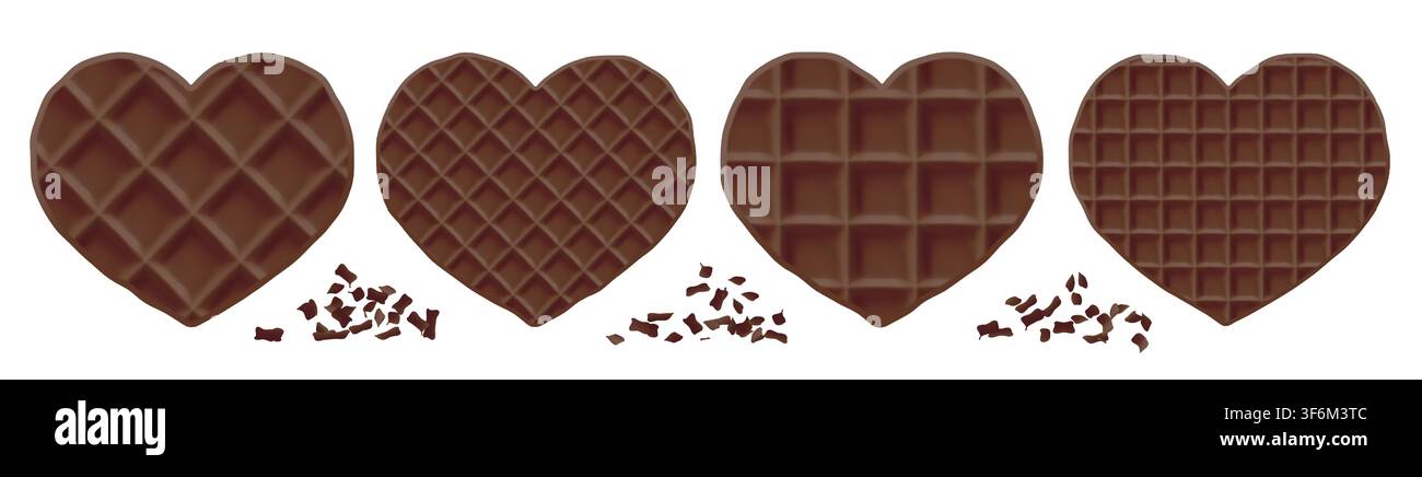 Biscuit gaufré en forme de cœur au chocolat, gâteau rond Haert. Gaufre crémée belge, illustration de pancake stroopwafel. Texture sans couture de Belgique mignonne Illustration de Vecteur
