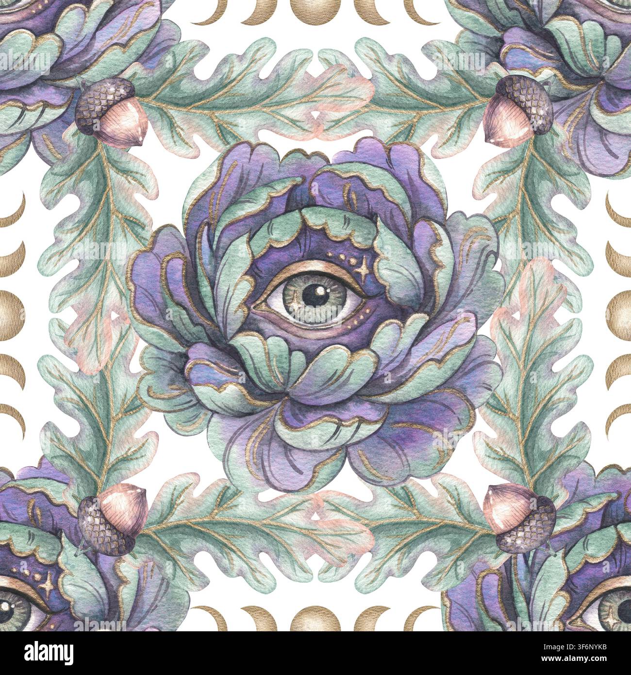Pivoine œil avec feuilles de chêne et gland motif sans couture. Aquarelle dessinée à la main fleur mystique violette et étoile dorée. Graphique de forêt pour conception d’Halloween. Répétition décorative pour tissu ou papier peint. Banque D'Images