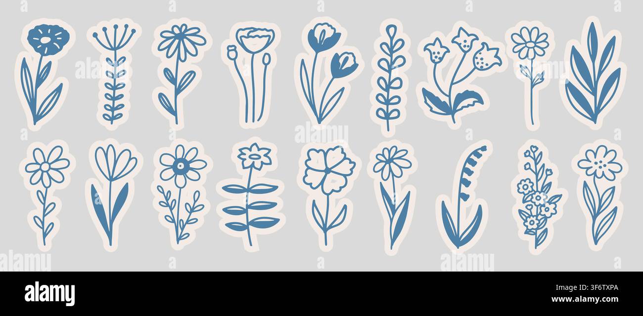 Ensemble de fleurs simples. Modèle de conception d'illustrations florales. Fleurs dessinées à la main avec feuilles. Collection botanique abstraite à contour bleu. Illustration de Vecteur
