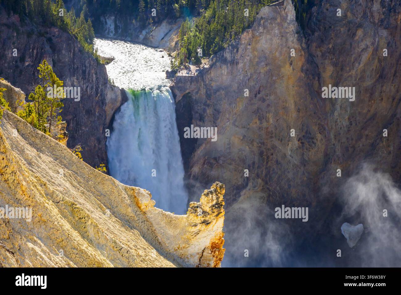 Lower Falls plonge dans le Grand Canyon du Yellowstone, entouré de parois de canyon colorées et de falaises abruptes Banque D'Images