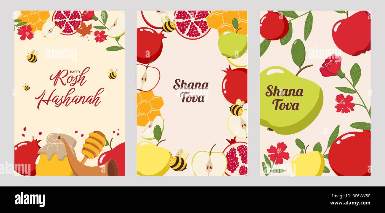 Trois cartes de vœux pour Rosh Hashanah avec des pommes, des grenades, des rayons de miel, des abeilles, des fleurs et des shofars, représentant Happy Rosh Hashanah Illustration de Vecteur