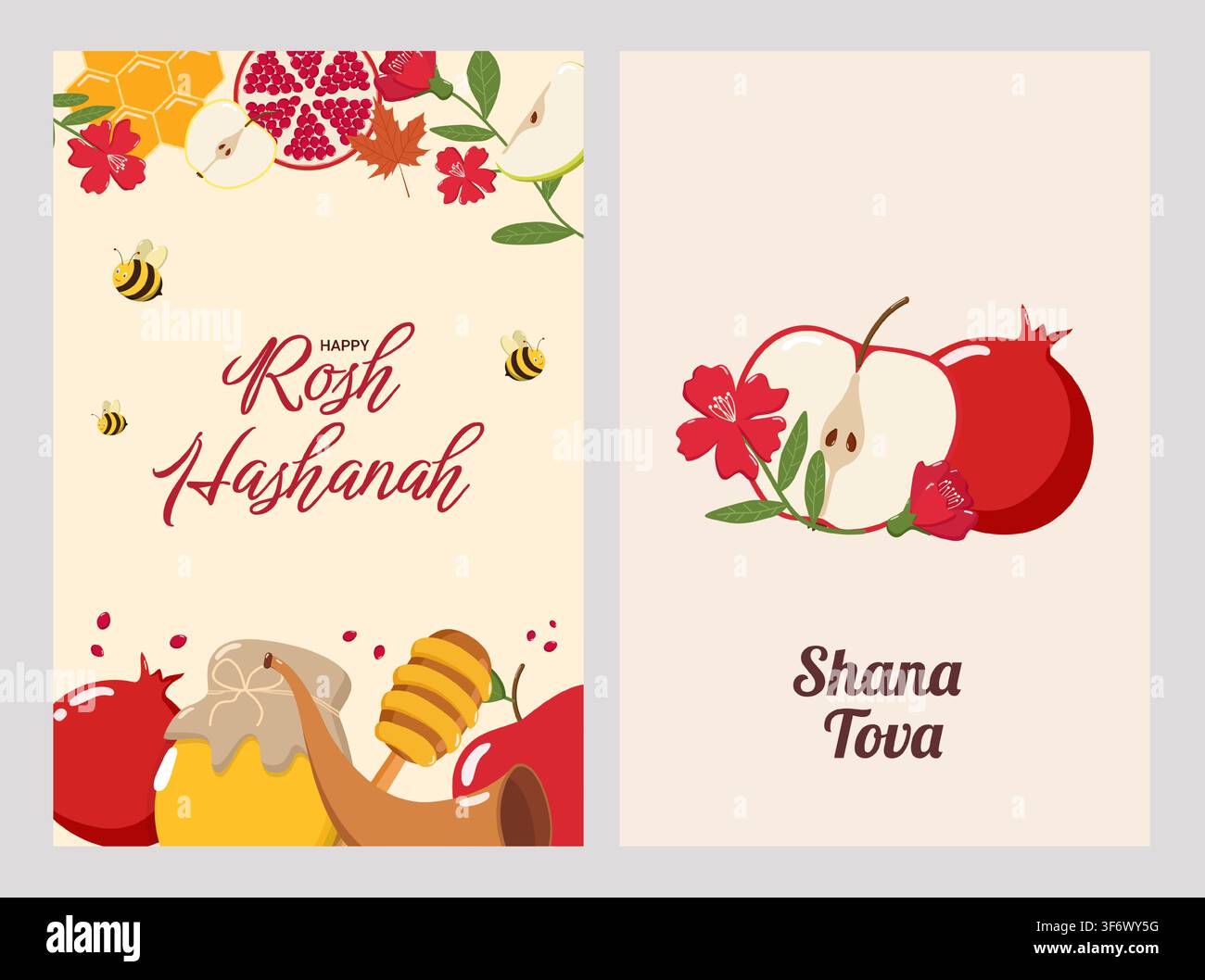 Deux cartes de vœux Rosh Hashanah avec des pommes festives, des grenades, du miel, des abeilles, des fleurs et des shofars sur des fonds beiges Illustration de Vecteur