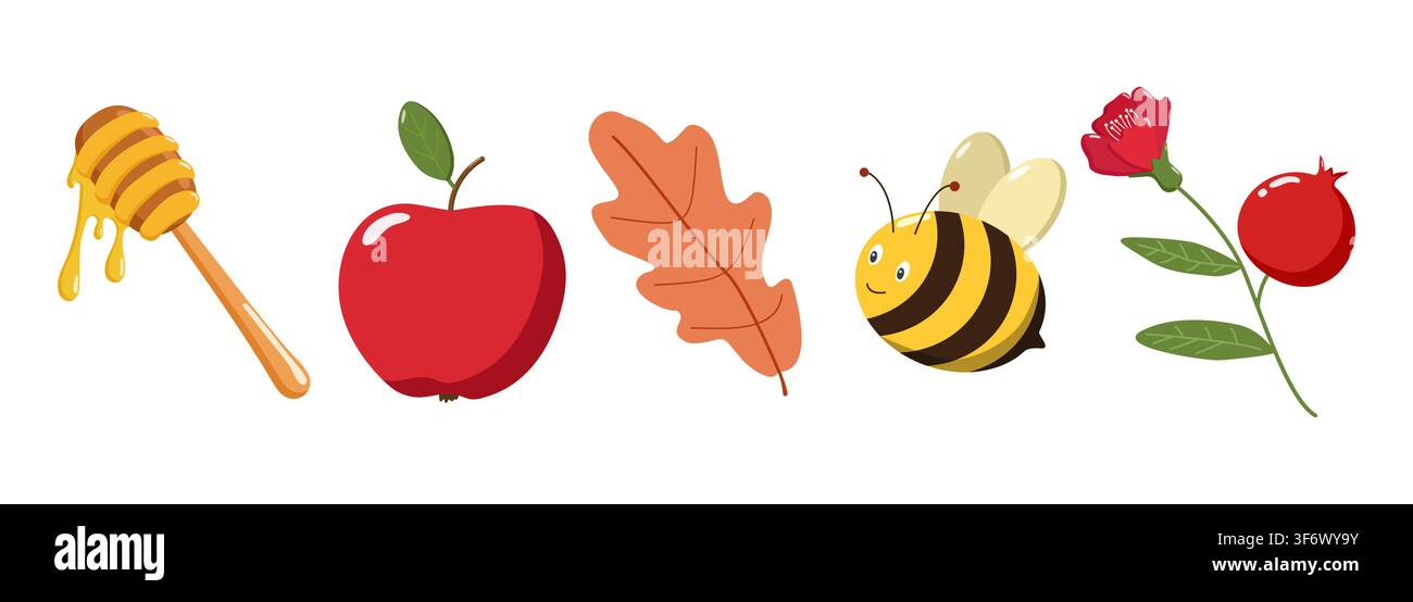 Cinq objets illustrés alignés : cuillère à miel avec du miel qui coule, pomme rouge, feuille de chêne orange, abeille de dessin animé Illustration de Vecteur