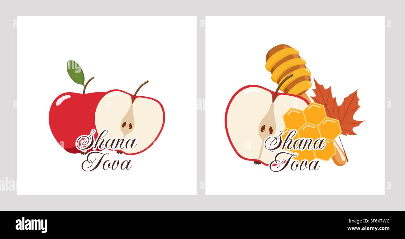 Deux cartes de vœux Rosh Hashanah avec des pommes, du miel, des rayons de miel et des feuilles d'automne sur un fond beige Banque D'Images
