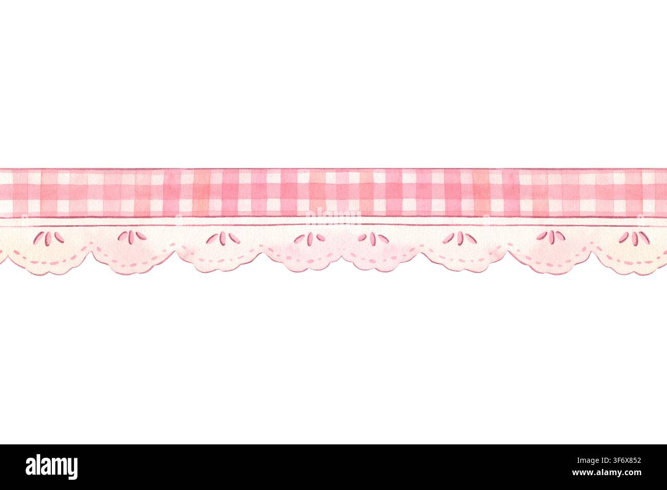Bordure sans couture avec ruban à carreaux rose et dentelle délicate. Illustration aquarellée peinte à la main isolée sur blanc pour papeterie, emballage, mariage Banque D'Images