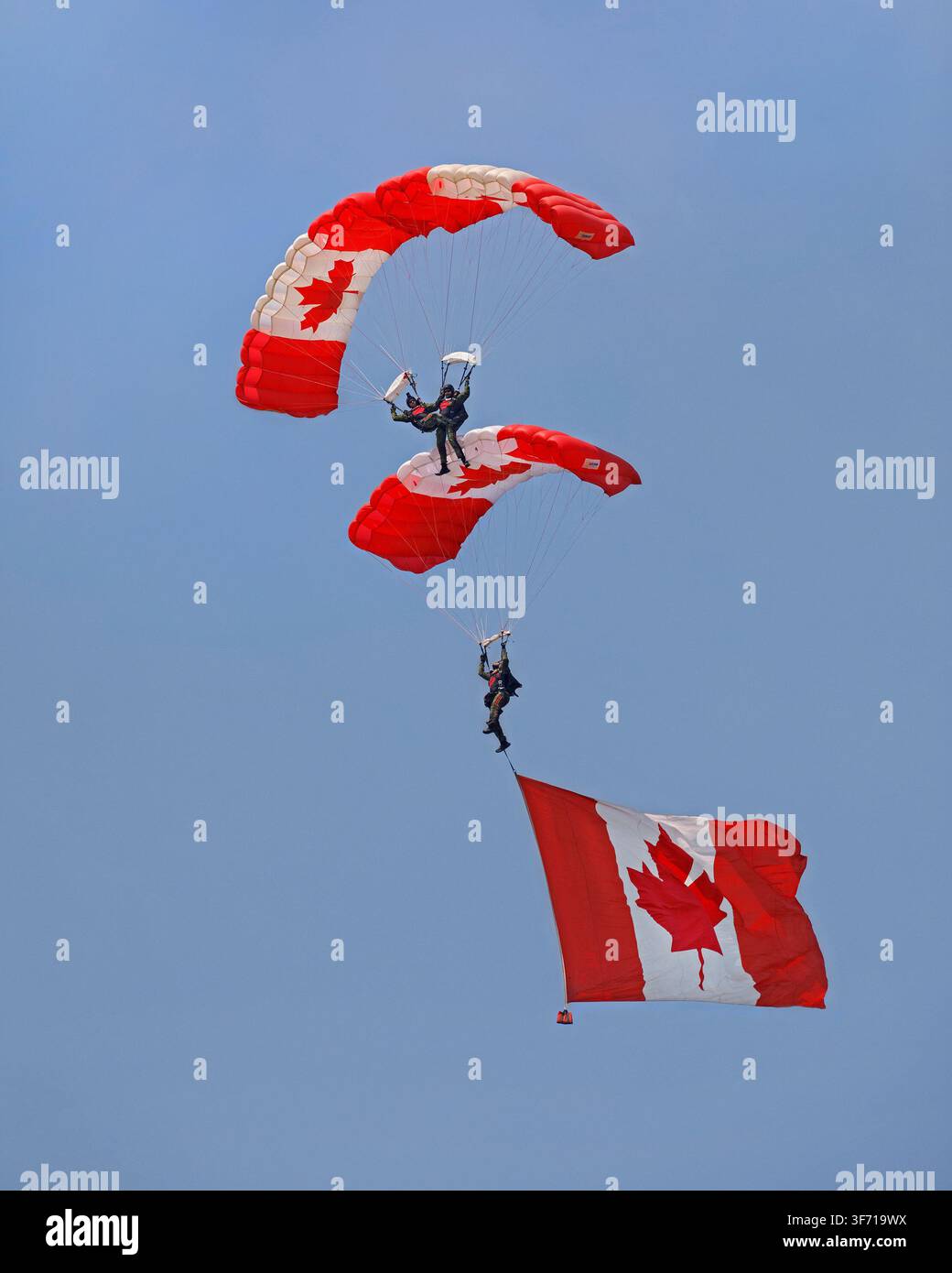 Parachutistes des SkyHawks, l’équipe de parachutisme des Forces armées canadiennes, lors d’un saut synchronisé avec un drapeau national au Red Deer Airshow, Canada Banque D'Images