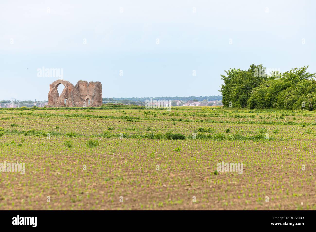 Des ruines de briques anciennes se dressent seules au milieu d'un vaste champ vert avec haie et village lointain à l'horizon, évoquant la solitude, l'histoire, l'espace ouvert et pa Banque D'Images