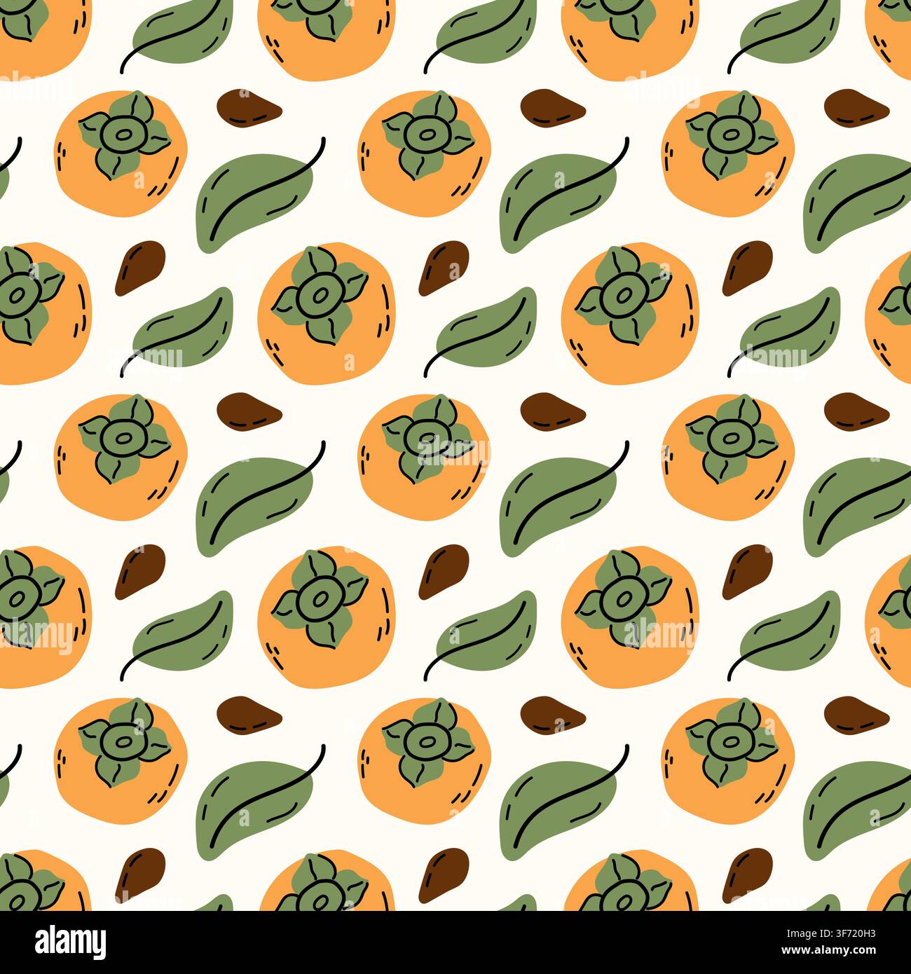 Motif sans couture avec des fruits de persimmon orange, des feuilles vertes et des graines brunes dans un style de gribouillis vectoriel plat dessiné à la main. Illustration de Vecteur