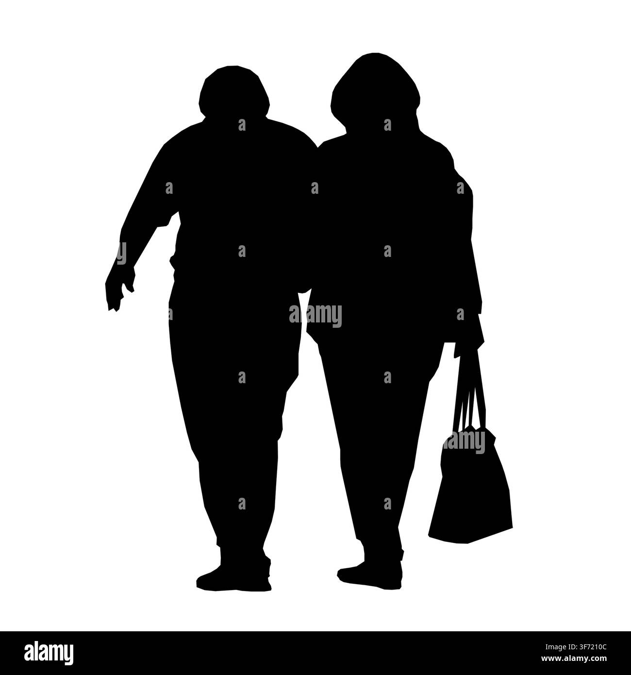 Couple de personnes âgées. Peut-être mari et femme. Marchant côte à côte. Crée une silhouette noire complète sur un fond blanc. Montrant la connexion. Banque D'Images