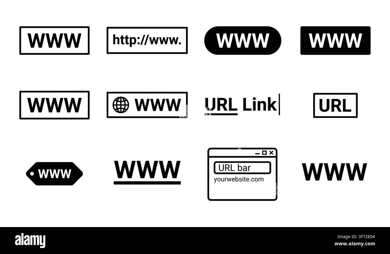 Ensemble d'icônes vectorielles www, lien URL, fenêtre de navigateur et adresses internet isolées sur fond blanc. Illustration de Vecteur
