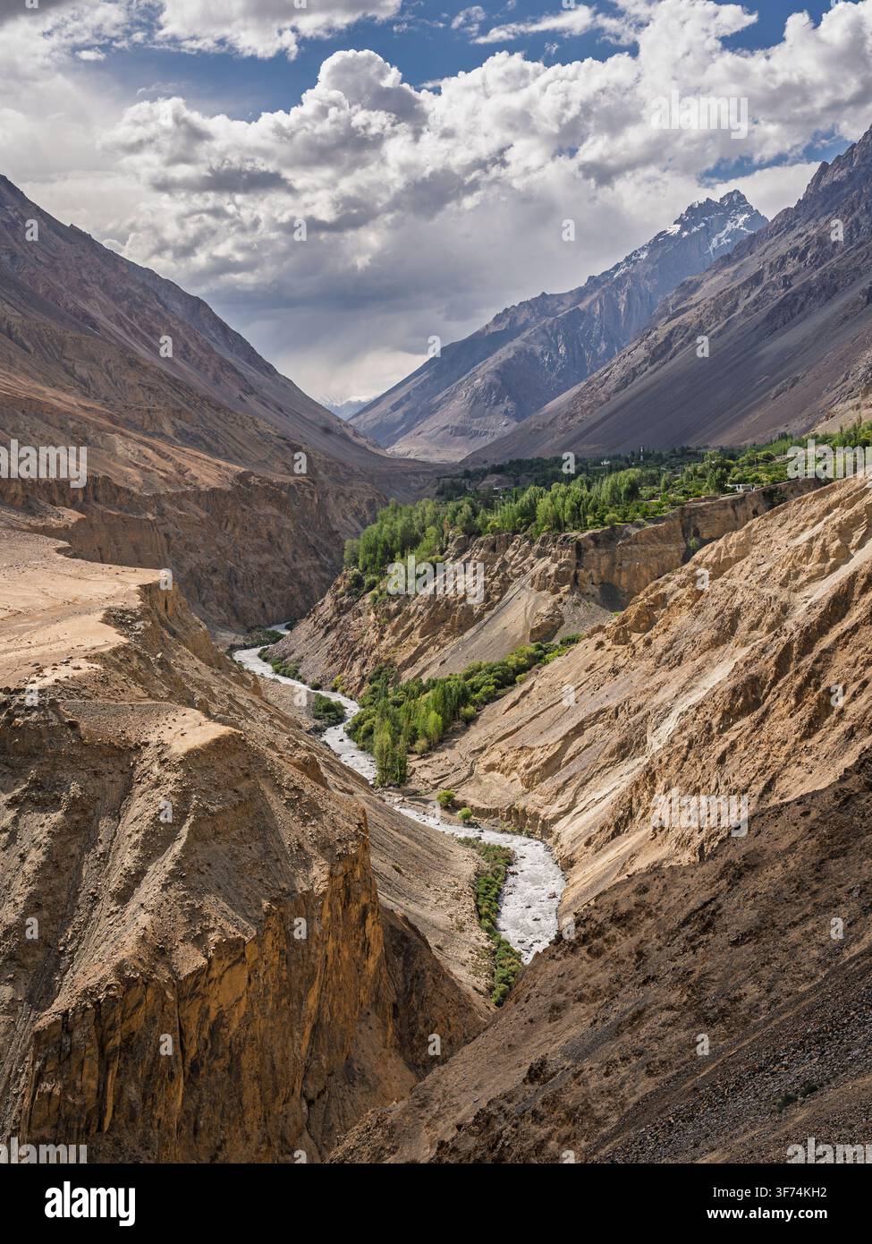 Vue verticale pittoresque du paysage montagneux de la haute vallée reculée de Misgar sous un ciel d'après-midi mélancolique, Gojal, Hunza, Gilgit-Baltistan, Pakistan Banque D'Images