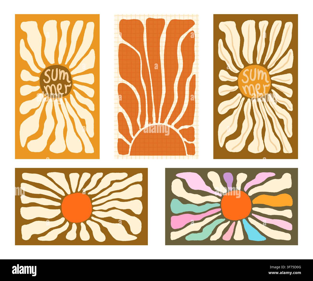 Ensemble vectoriel avec des motifs ondulés de soleil et de fleurs de style boho, arrière-plans d'été abstraits mignons en couleurs neutres Illustration de Vecteur