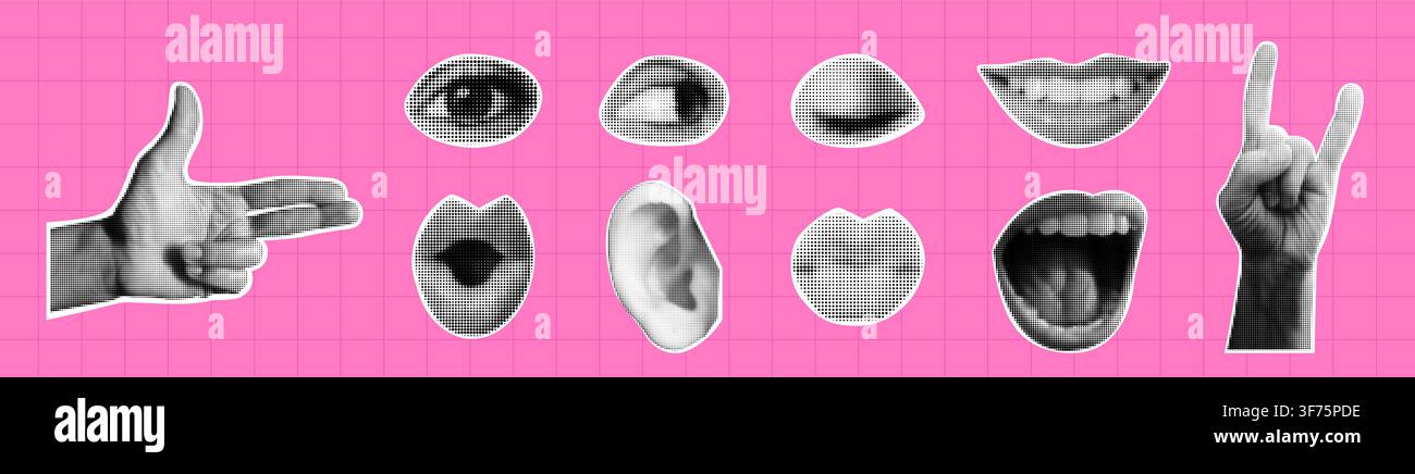 Pack d'autocollants de collage en demi-ton. Ensemble rétro d'yeux, de bouches, de lèvres, de gestes de la main dans un style pop art. Éléments découpés à texture pointillée pour bannière, affiche, voiture Illustration de Vecteur