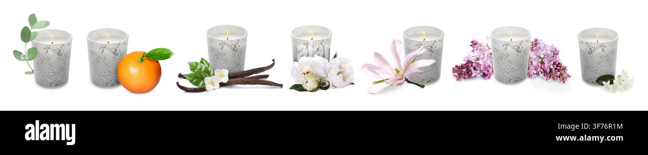 Bougies aux parfums variés sur fond blanc, set Banque D'Images