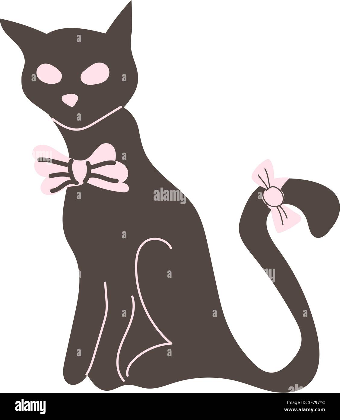 Mignonne chatte noire avec des nœuds roses. Illustration vectorielle mignonne dessinée à la main pour la fête d'Halloween. Icône simple de chat noir en style plat. Illustration de Vecteur