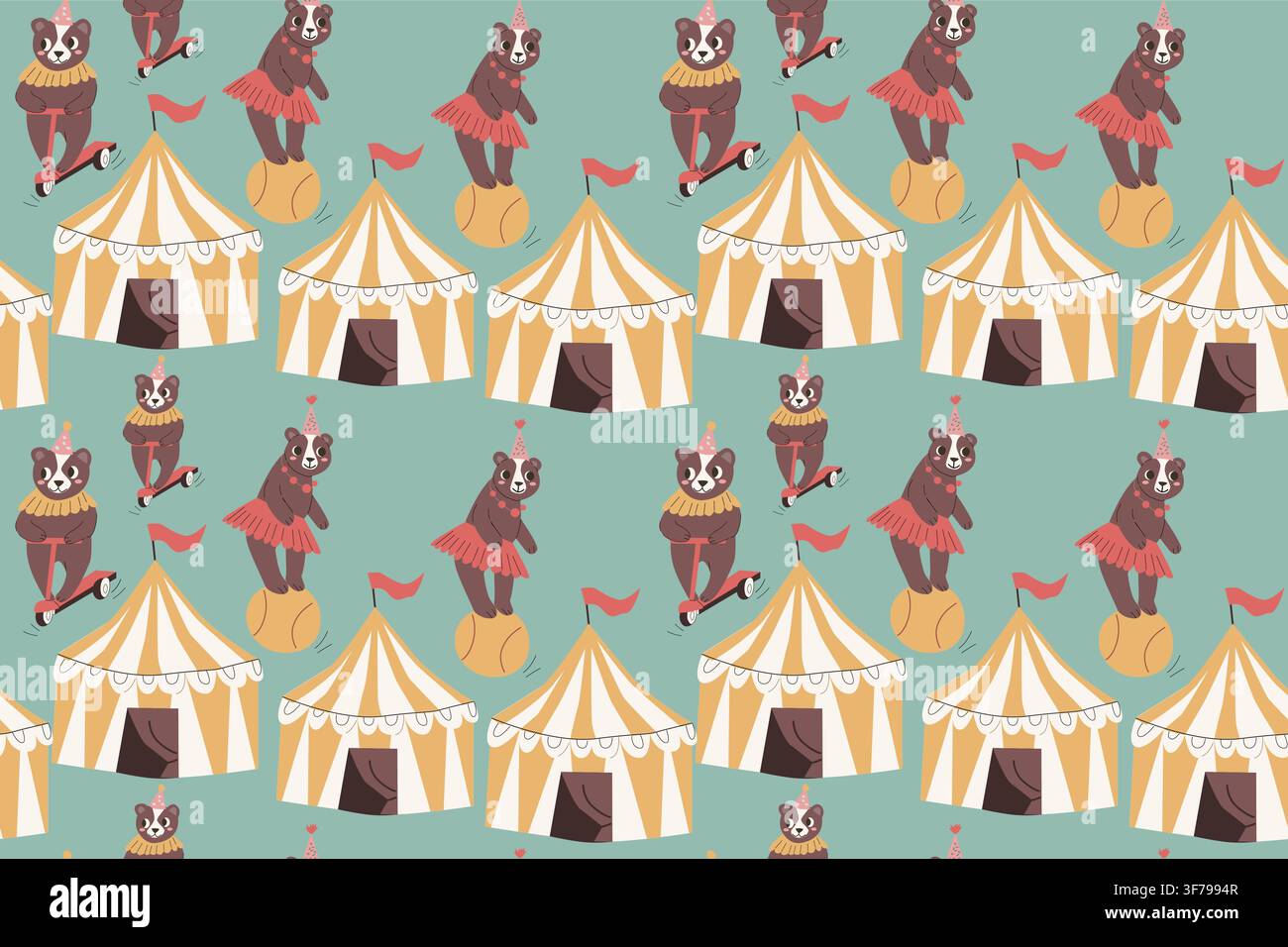 Motif sans couture avec ours de cirque et tente. Illustration vectorielle rétro en style cartoon avec un mignon bébé animal. Illustration de Vecteur